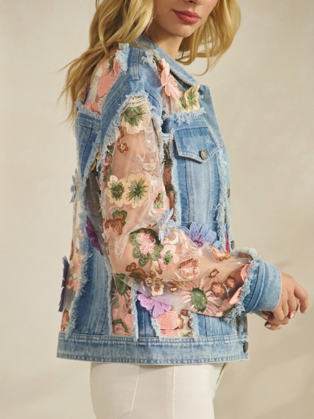 Western Floral Lace Appliqué Semi Sheer Button Down Frayed Jacket - Picture 3 of 10